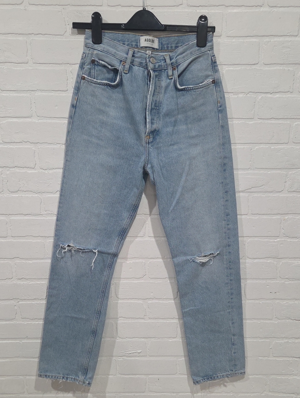 Agolde Light Wash Straight Leg Jeans with Knee Distressing